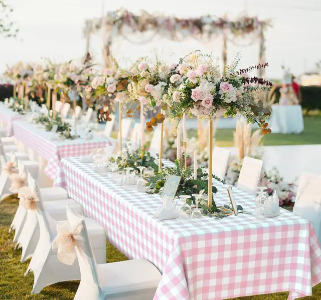 Alt view image 5 of 7 - 2 Pcs Pink Gingham Tablecloth, Disposable Plastic Pink Checkered Table Cloth, Pink & White Plaid Table Cover for Outdoor Picnic, Wedding, Baby & Bridal Shower, Birthday Party (54 x 108 Inch)
