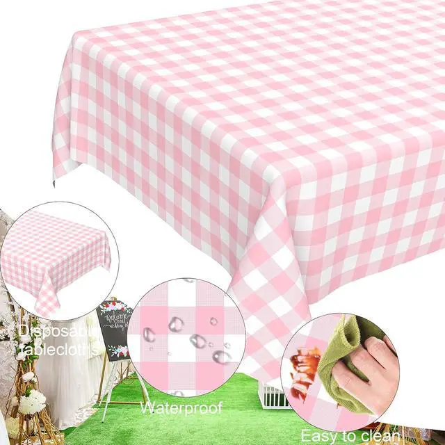 Alt view image 2 of 7 - 2 Pcs Pink Gingham Tablecloth, Disposable Plastic Pink Checkered Table Cloth, Pink & White Plaid Table Cover for Outdoor Picnic, Wedding, Baby & Bridal Shower, Birthday Party (54 x 108 Inch)
