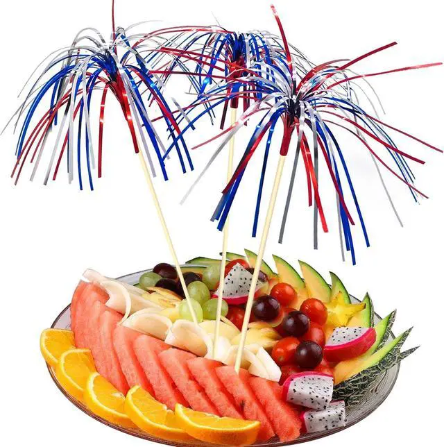 Alt view image 5 of 6 - 100 Counts 6 Inch Firework Cocktail Picks Red White Blue Firework Party Picks Toothpicks Cupcake Toppers Drink Sticks for Fourth of July Independence Day Party Supplies