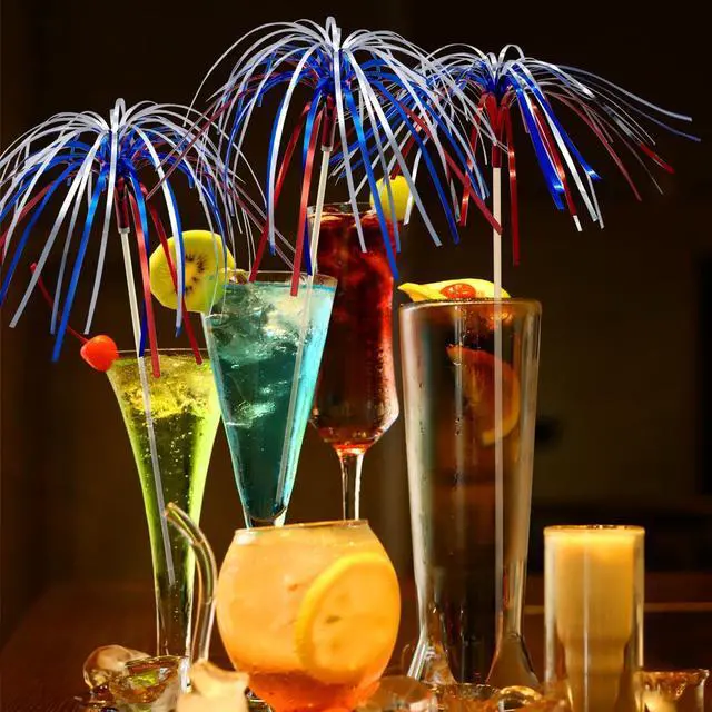 Alt view image 6 of 6 - 100 Counts 6 Inch Firework Cocktail Picks Red White Blue Firework Party Picks Toothpicks Cupcake Toppers Drink Sticks for Fourth of July Independence Day Party Supplies