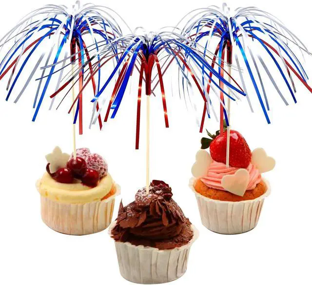 Alt view image 4 of 6 - 100 Counts 6 Inch Firework Cocktail Picks Red White Blue Firework Party Picks Toothpicks Cupcake Toppers Drink Sticks for Fourth of July Independence Day Party Supplies