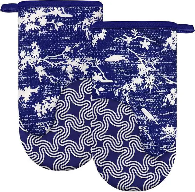 Main image of Thumb Oven Mitts, Heat Resistant Silicone Kitchen Mittens 2-Pack Set | Non-Slip Khaki Patchwork Flower Soft Long Oven Gloves, Flexible Thick Pot Holders for Safe Baking Cooking and Grill(Navy)