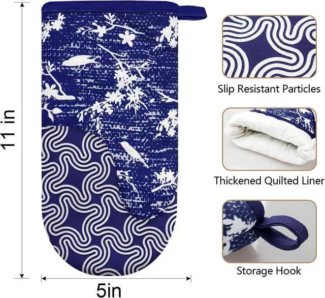 Alt view image 3 of 7 - Thumb Oven Mitts, Heat Resistant Silicone Kitchen Mittens 2-Pack Set | Non-Slip Khaki Patchwork Flower Soft Long Oven Gloves, Flexible Thick Pot Holders for Safe Baking Cooking and Grill(Navy)