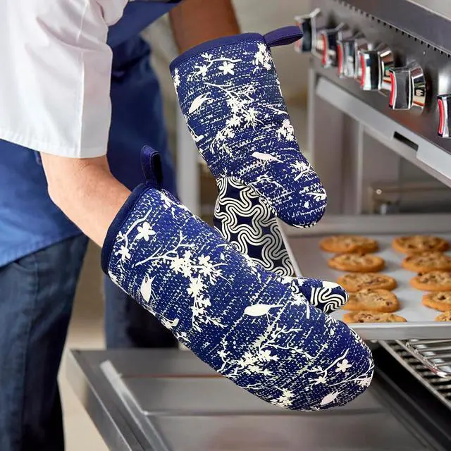 Alt view image 2 of 7 - Thumb Oven Mitts, Heat Resistant Silicone Kitchen Mittens 2-Pack Set | Non-Slip Khaki Patchwork Flower Soft Long Oven Gloves, Flexible Thick Pot Holders for Safe Baking Cooking and Grill(Navy)