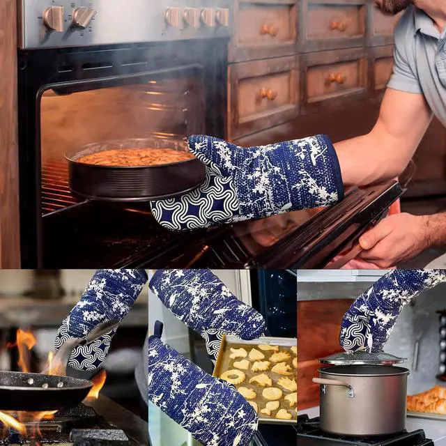 Alt view image 5 of 7 - Thumb Oven Mitts, Heat Resistant Silicone Kitchen Mittens 2-Pack Set | Non-Slip Khaki Patchwork Flower Soft Long Oven Gloves, Flexible Thick Pot Holders for Safe Baking Cooking and Grill(Navy)