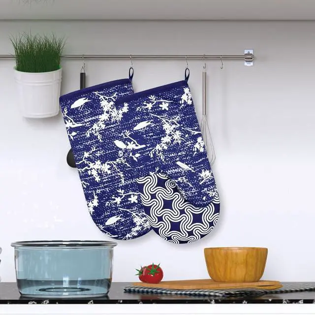 Alt view image 6 of 7 - Thumb Oven Mitts, Heat Resistant Silicone Kitchen Mittens 2-Pack Set | Non-Slip Khaki Patchwork Flower Soft Long Oven Gloves, Flexible Thick Pot Holders for Safe Baking Cooking and Grill(Navy)