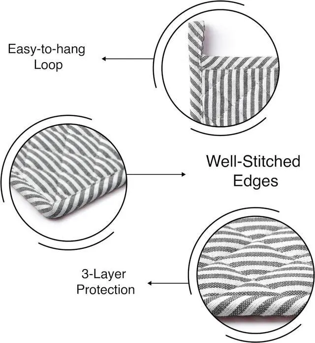 Alt view image 5 of 7 - Encasa XO Pot Holders, Quilted Kitchen Hot Pads 8"x8" Black | Heat Resistant | Thick Cotton Padding | Trivet & Countertop Protector | Corner Hanging Loop | Set of 2