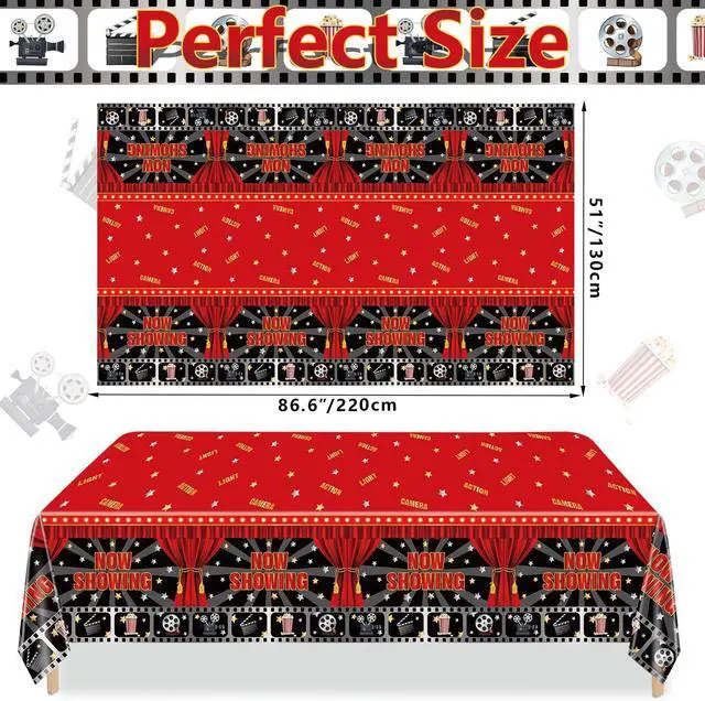 Alt view image 2 of 7 - 2 Pack Now Showing Tablecloths for Movie Night Theater Red Carpet Birthday Party Decorations Supplies, 51x87'' Plastic Disposable Rectangle Movie Themed Party Table Covers