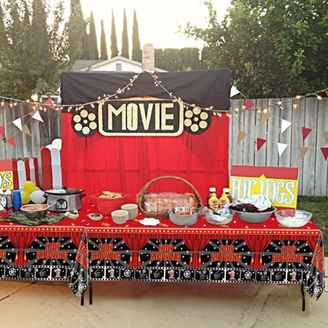 Alt view image 4 of 7 - 2 Pack Now Showing Tablecloths for Movie Night Theater Red Carpet Birthday Party Decorations Supplies, 51x87'' Plastic Disposable Rectangle Movie Themed Party Table Covers