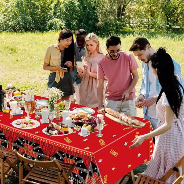 Alt view image 6 of 7 - 2 Pack Now Showing Tablecloths for Movie Night Theater Red Carpet Birthday Party Decorations Supplies, 51x87'' Plastic Disposable Rectangle Movie Themed Party Table Covers
