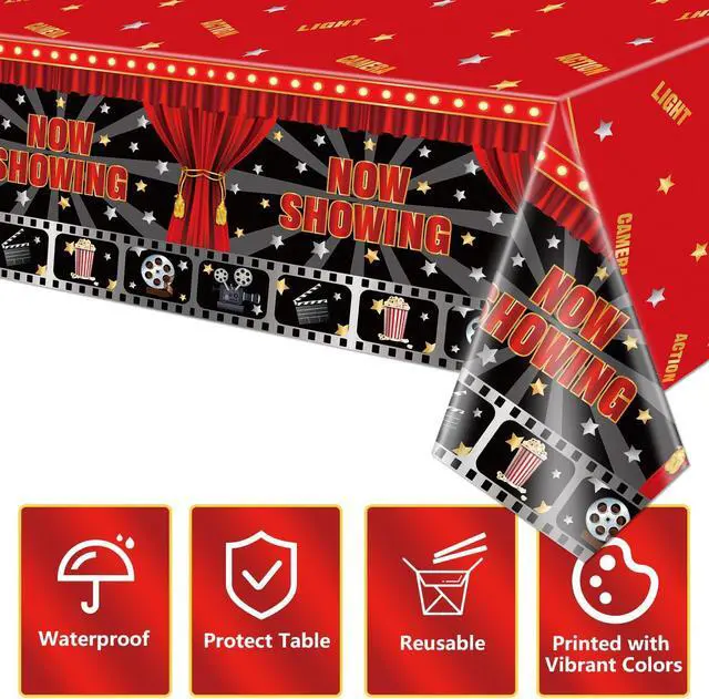 Alt view image 7 of 7 - 2 Pack Now Showing Tablecloths for Movie Night Theater Red Carpet Birthday Party Decorations Supplies, 51x87'' Plastic Disposable Rectangle Movie Themed Party Table Covers
