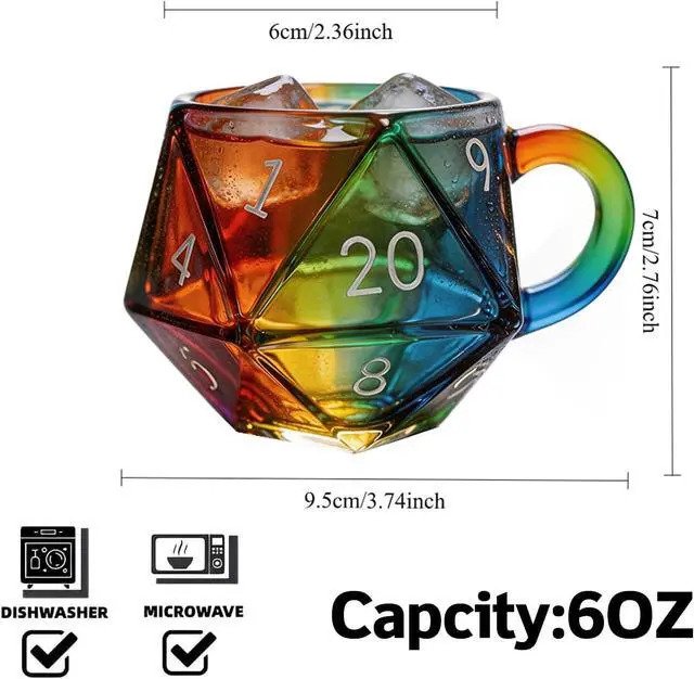 Alt view image 2 of 7 - D20 Dice Glass Mug Hand-Painted 3D Fantasy RPG Tankard, Collectible Clear Drinkware, Unique Gift for DND Players & Tabletop Gamers