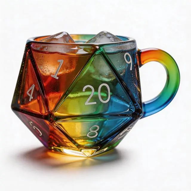 Main image of D20 Dice Glass Mug Hand-Painted 3D Fantasy RPG Tankard, Collectible Clear Drinkware, Unique Gift for DND Players & Tabletop Gamers