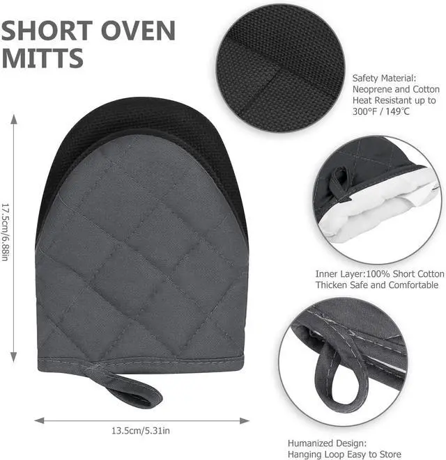 Alt view image 2 of 7 - 1 Pair Short Oven Mitts - Silicone Kitchen Oven Gloves High Heat Resistant 500, Mini Oven Mits with Non-Slip Grip Surfaces and Hanging Loop for BBQ, Baking, Cooking and Grilling (Solid Gray)