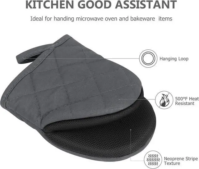 Alt view image 3 of 7 - 1 Pair Short Oven Mitts - Silicone Kitchen Oven Gloves High Heat Resistant 500, Mini Oven Mits with Non-Slip Grip Surfaces and Hanging Loop for BBQ, Baking, Cooking and Grilling (Solid Gray)