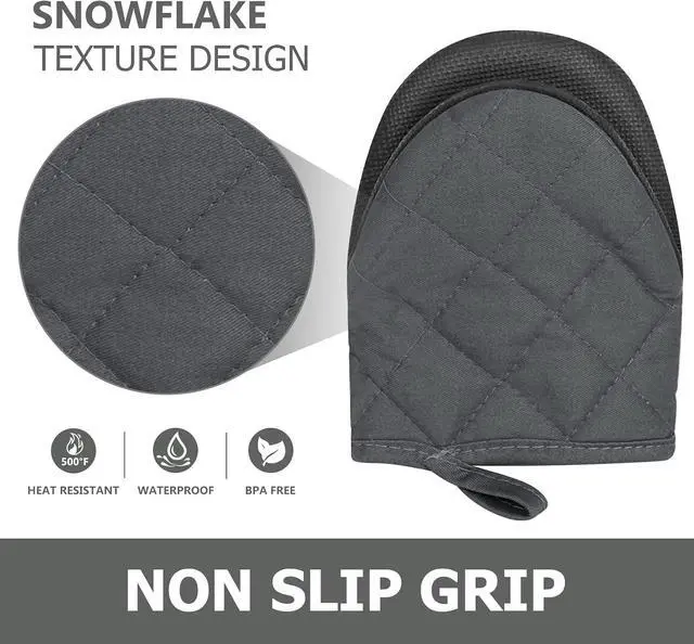 Alt view image 4 of 7 - 1 Pair Short Oven Mitts - Silicone Kitchen Oven Gloves High Heat Resistant 500, Mini Oven Mits with Non-Slip Grip Surfaces and Hanging Loop for BBQ, Baking, Cooking and Grilling (Solid Gray)