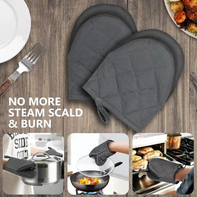 Alt view image 7 of 7 - 1 Pair Short Oven Mitts - Silicone Kitchen Oven Gloves High Heat Resistant 500, Mini Oven Mits with Non-Slip Grip Surfaces and Hanging Loop for BBQ, Baking, Cooking and Grilling (Solid Gray)