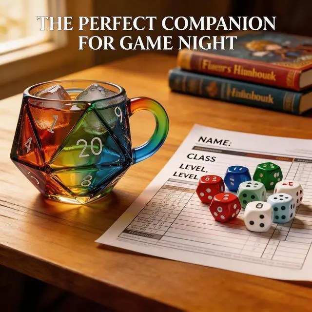 Alt view image 4 of 7 - D20 Dice Glass Mug Hand-Painted 3D Fantasy RPG Tankard, Collectible Clear Drinkware, Unique Gift for DND Players & Tabletop Gamers
