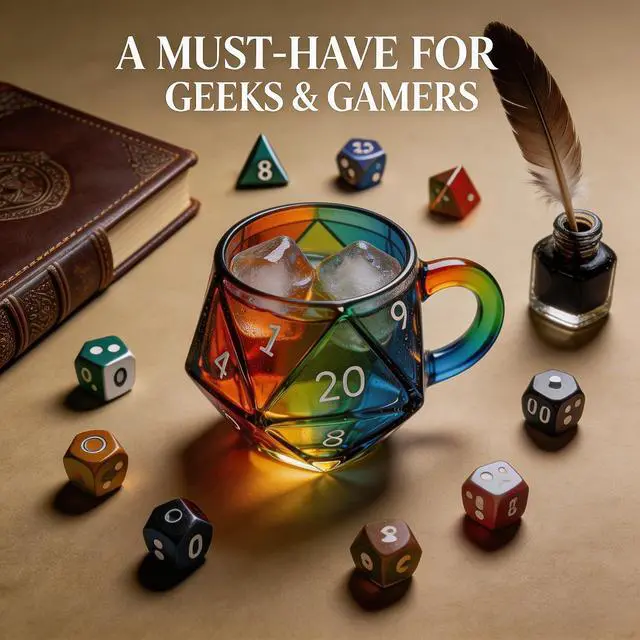 Alt view image 5 of 7 - D20 Dice Glass Mug Hand-Painted 3D Fantasy RPG Tankard, Collectible Clear Drinkware, Unique Gift for DND Players & Tabletop Gamers