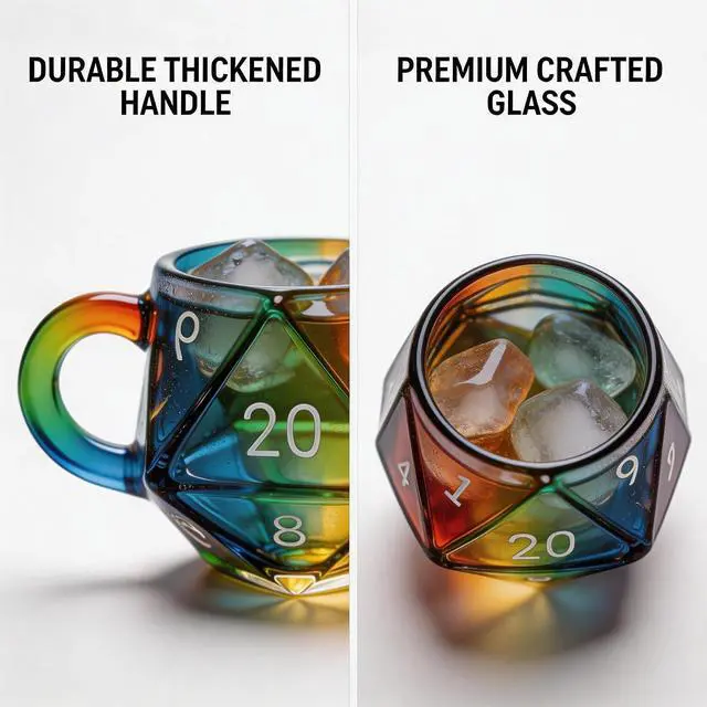 Alt view image 6 of 7 - D20 Dice Glass Mug Hand-Painted 3D Fantasy RPG Tankard, Collectible Clear Drinkware, Unique Gift for DND Players & Tabletop Gamers
