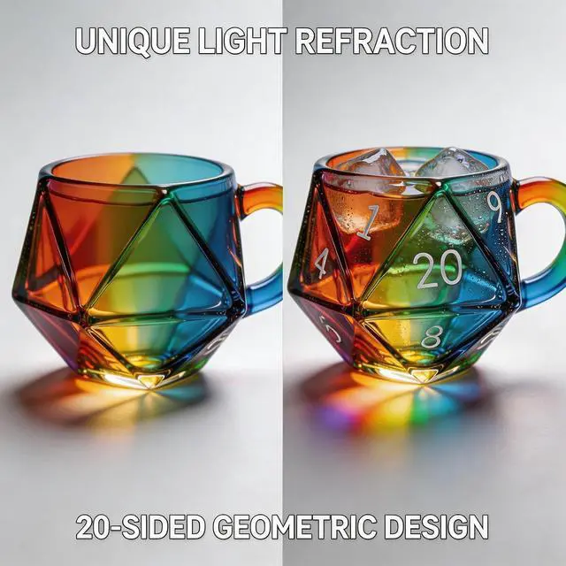 Alt view image 7 of 7 - D20 Dice Glass Mug Hand-Painted 3D Fantasy RPG Tankard, Collectible Clear Drinkware, Unique Gift for DND Players & Tabletop Gamers