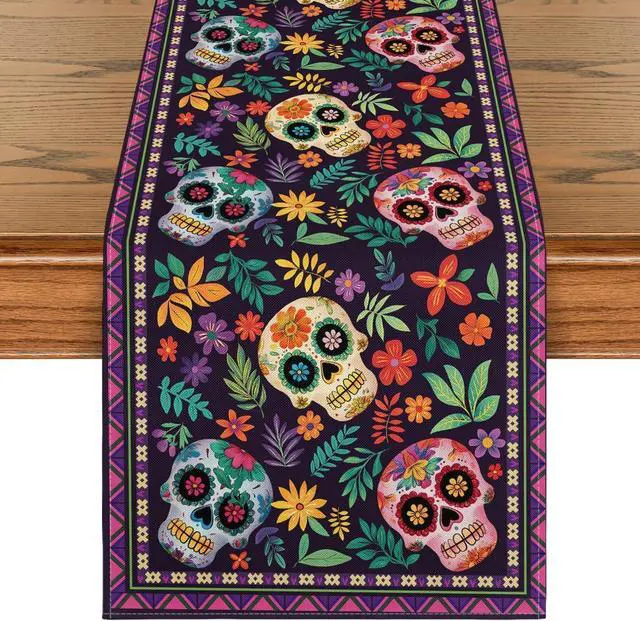 Main image of Artoid Mode Mexican Sugar Skull Dia De Los Muertos Table Runner, Day of The Dead Altar Kitchen Dining Table Decoration for Home Party Decor 13x72 Inch