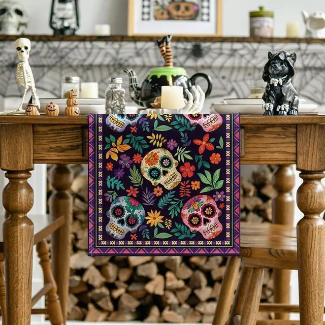 Alt view image 2 of 7 - Artoid Mode Mexican Sugar Skull Dia De Los Muertos Table Runner, Day of The Dead Altar Kitchen Dining Table Decoration for Home Party Decor 13x72 Inch
