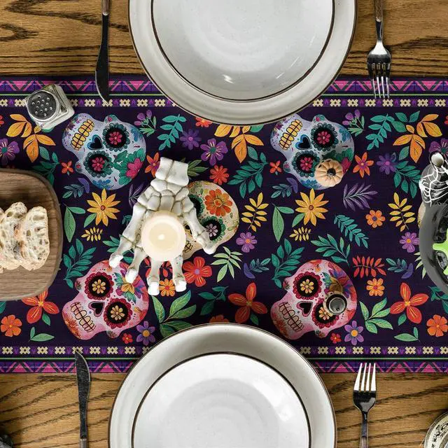 Alt view image 3 of 7 - Artoid Mode Mexican Sugar Skull Dia De Los Muertos Table Runner, Day of The Dead Altar Kitchen Dining Table Decoration for Home Party Decor 13x72 Inch