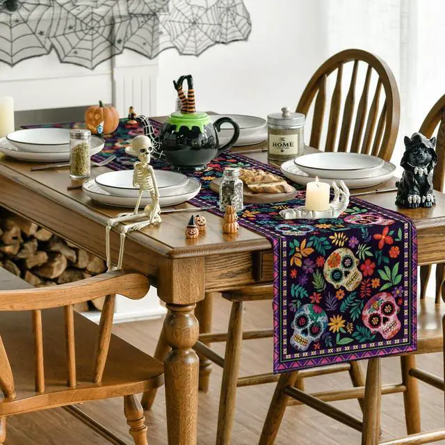 Alt view image 4 of 7 - Artoid Mode Mexican Sugar Skull Dia De Los Muertos Table Runner, Day of The Dead Altar Kitchen Dining Table Decoration for Home Party Decor 13x72 Inch