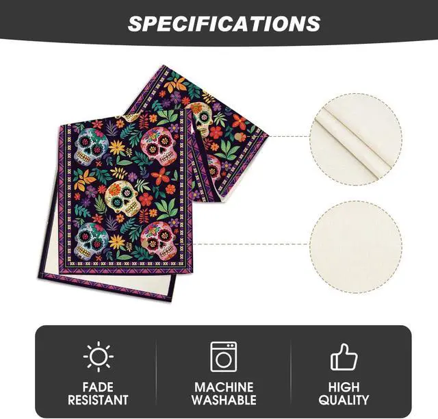 Alt view image 5 of 7 - Artoid Mode Mexican Sugar Skull Dia De Los Muertos Table Runner, Day of The Dead Altar Kitchen Dining Table Decoration for Home Party Decor 13x72 Inch