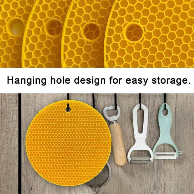 Alt view image 3 of 7 - 7Inch Round Silicone Trivets (4Pack Bright Yellow) | BPAFree foodgrade silicone, nonslip & heatresistant; multiuse: trivet, pot holder, coaster; flexible with hanging hole