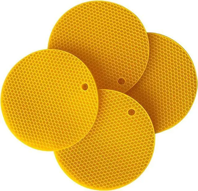 Alt view image 4 of 7 - 7Inch Round Silicone Trivets (4Pack Bright Yellow) | BPAFree foodgrade silicone, nonslip & heatresistant; multiuse: trivet, pot holder, coaster; flexible with hanging hole