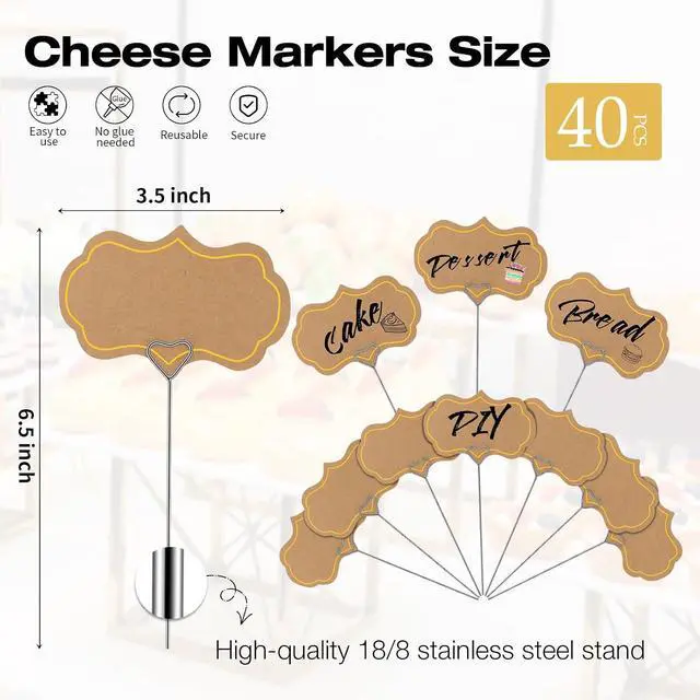 Alt view image 2 of 7 - Cheese Markers for Charcuterie Board Appetizer Signs for Party Toothpick Flags Buffet Labels Food Tags Blank with Heart-Shaped Steel Picks for Birthday Wedding Decor (Brown 40PCS)