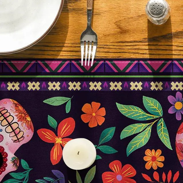 Alt view image 7 of 7 - Artoid Mode Mexican Sugar Skull Dia De Los Muertos Table Runner, Day of The Dead Altar Kitchen Dining Table Decoration for Home Party Decor 13x72 Inch