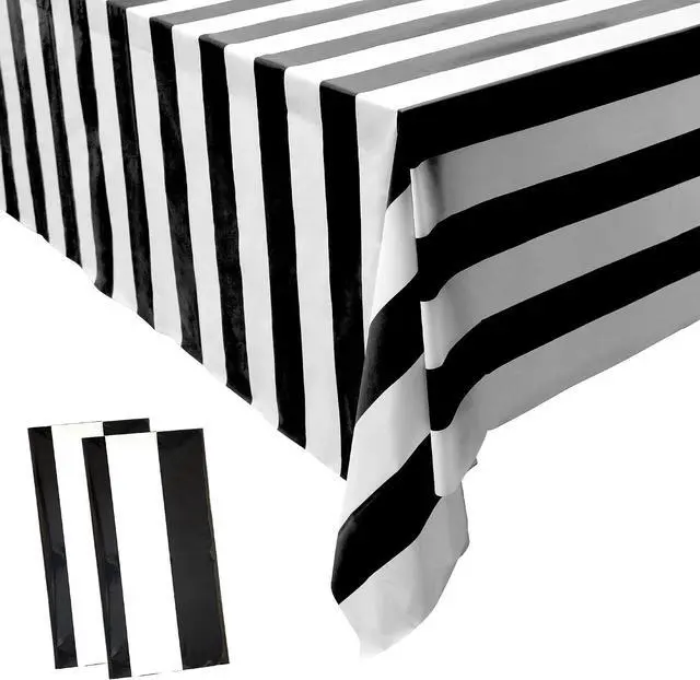 Main image of peony man 2 Pieces Black and White Striped Tablecloth Plastic Stripe Table Cover Waterproof Rectangle Tablecloth for Holiday Party Picnic Decoration