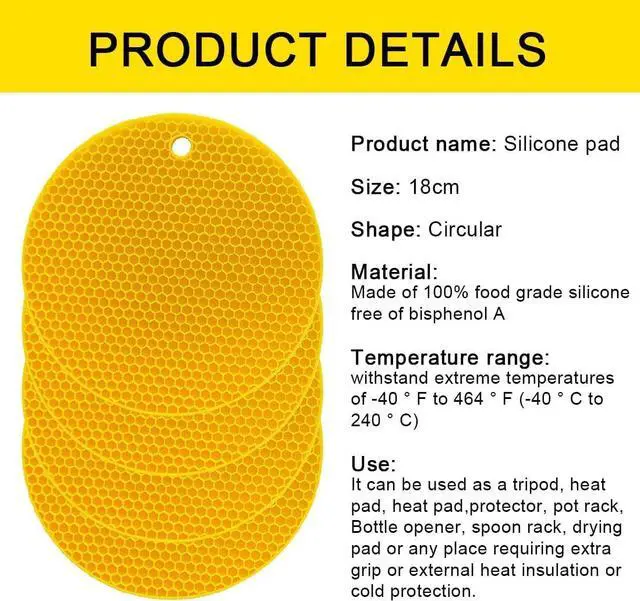 Alt view image 7 of 7 - 7Inch Round Silicone Trivets (4Pack Bright Yellow) | BPAFree foodgrade silicone, nonslip & heatresistant; multiuse: trivet, pot holder, coaster; flexible with hanging hole