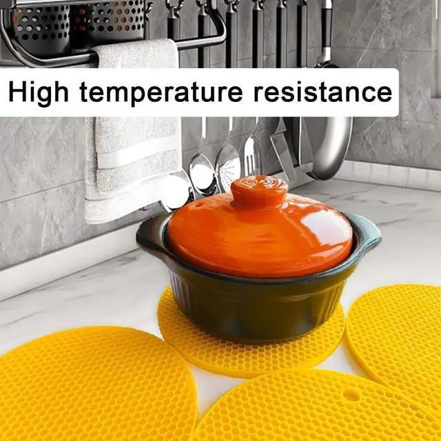 Alt view image 6 of 7 - 7Inch Round Silicone Trivets (4Pack Bright Yellow) | BPAFree foodgrade silicone, nonslip & heatresistant; multiuse: trivet, pot holder, coaster; flexible with hanging hole