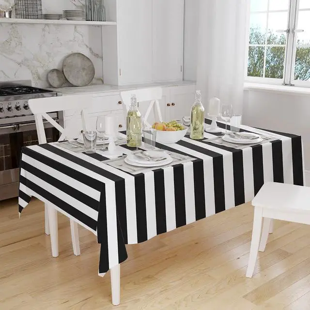 Alt view image 5 of 7 - peony man 2 Pieces Black and White Striped Tablecloth Plastic Stripe Table Cover Waterproof Rectangle Tablecloth for Holiday Party Picnic Decoration
