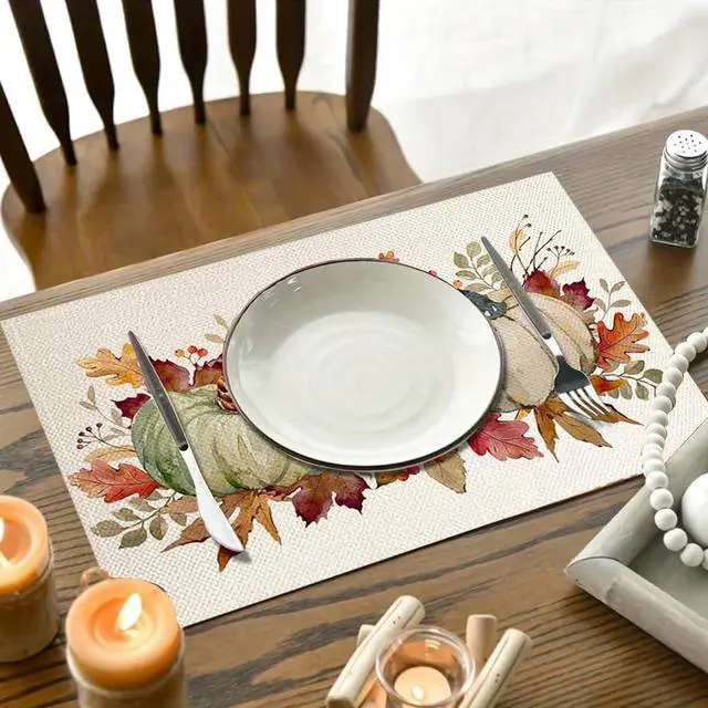 Alt view image 2 of 6 - RABUSOFA Orange Pumpkins Eucalyptus Leaves Fall Placemats Set of 4, 12x18 Inch Autumn Thanksgiving Holiday Table Mats for Party Kitchen Dining Decor