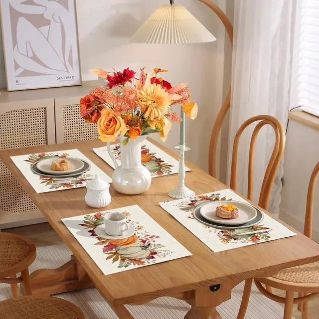 Alt view image 4 of 6 - RABUSOFA Orange Pumpkins Eucalyptus Leaves Fall Placemats Set of 4, 12x18 Inch Autumn Thanksgiving Holiday Table Mats for Party Kitchen Dining Decor