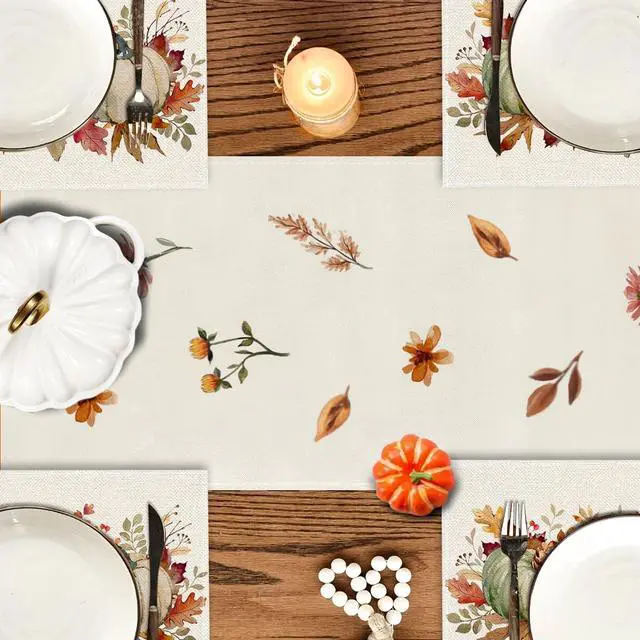 Alt view image 5 of 6 - RABUSOFA Orange Pumpkins Eucalyptus Leaves Fall Placemats Set of 4, 12x18 Inch Autumn Thanksgiving Holiday Table Mats for Party Kitchen Dining Decor