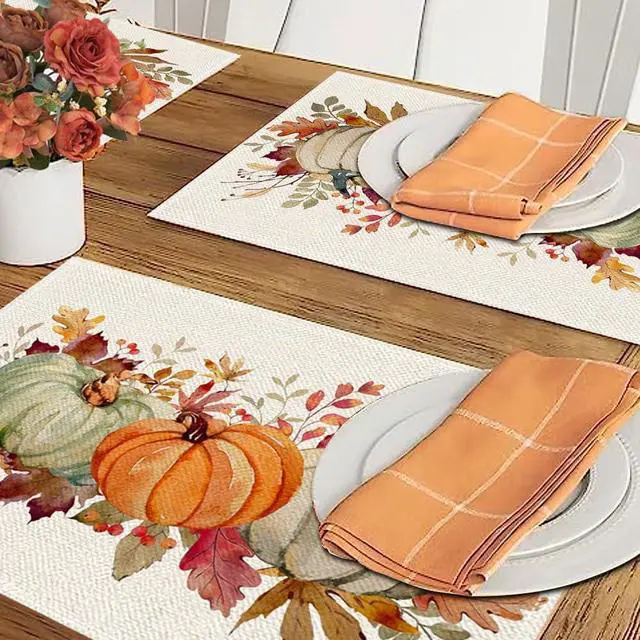 Alt view image 3 of 6 - RABUSOFA Orange Pumpkins Eucalyptus Leaves Fall Placemats Set of 4, 12x18 Inch Autumn Thanksgiving Holiday Table Mats for Party Kitchen Dining Decor