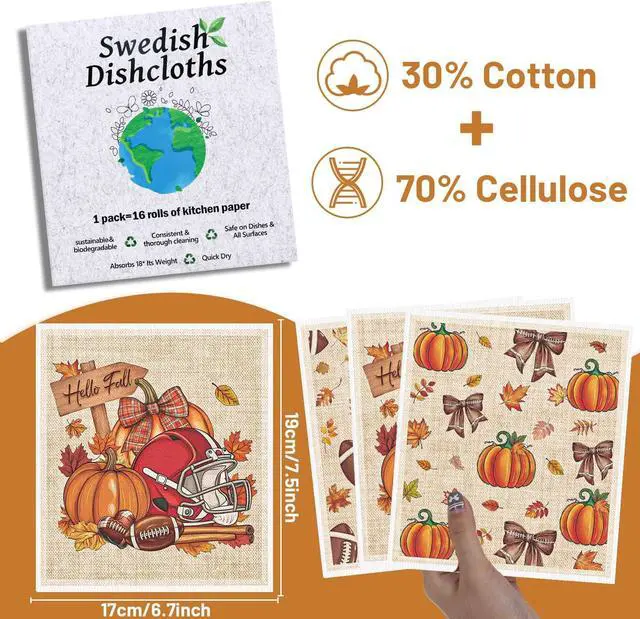 Alt view image 2 of 6 - Fall Swedish Dishcloths for Kitchen, 6PCS Thanksgiving Football Swedish Dish Cloths Gift Set, Reusable Washable Absorbent Decorative Pumpkins Maple Dish Towel for Home Cleaning