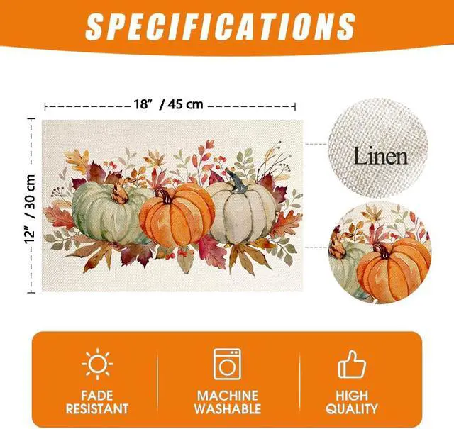 Alt view image 6 of 6 - RABUSOFA Orange Pumpkins Eucalyptus Leaves Fall Placemats Set of 4, 12x18 Inch Autumn Thanksgiving Holiday Table Mats for Party Kitchen Dining Decor