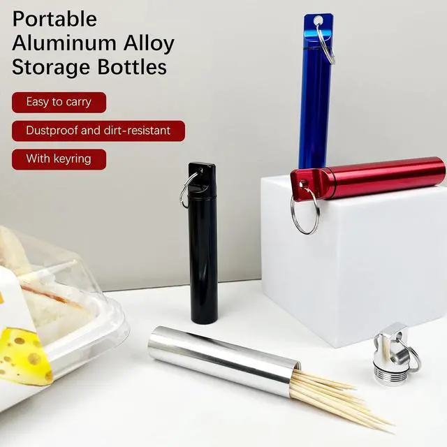 Alt view image 2 of 7 - 4PCS Metal Portable Toothpick Holder Box Waterproof Pocket Container with Keychain for Travel, Camping, and Outdoor Use