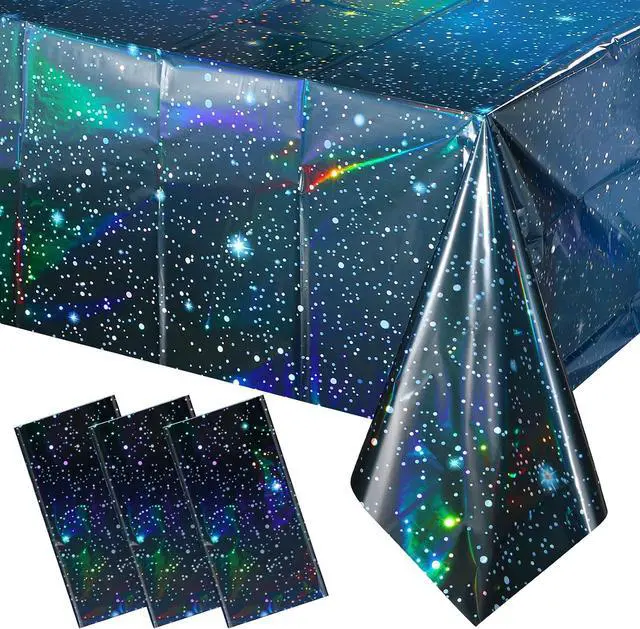 Main image of 3Pcs Iridescent Space Tablecloths, Disposable Plastic Blue Galaxy Table Cloth Rectangle Table Covers for Space Starry Night Star Theme Party Birthday Party Decorations, 54x108 Inch