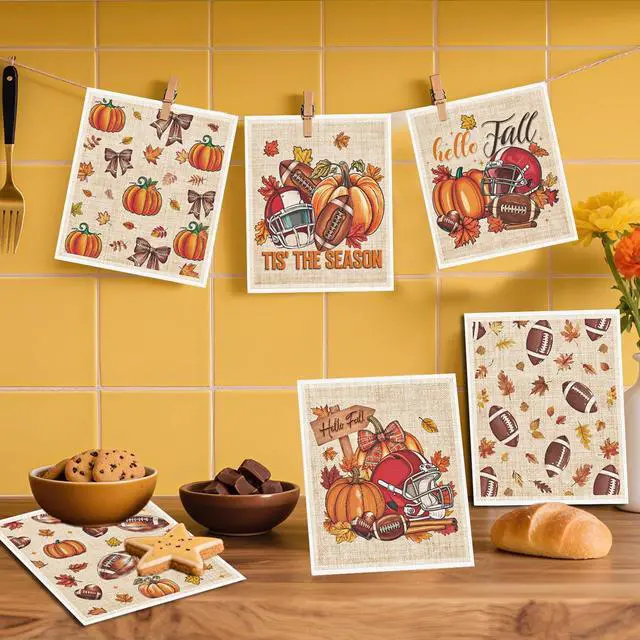 Alt view image 5 of 6 - Fall Swedish Dishcloths for Kitchen, 6PCS Thanksgiving Football Swedish Dish Cloths Gift Set, Reusable Washable Absorbent Decorative Pumpkins Maple Dish Towel for Home Cleaning