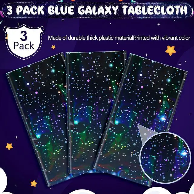 Alt view image 4 of 7 - 3Pcs Iridescent Space Tablecloths, Disposable Plastic Blue Galaxy Table Cloth Rectangle Table Covers for Space Starry Night Star Theme Party Birthday Party Decorations, 54x108 Inch