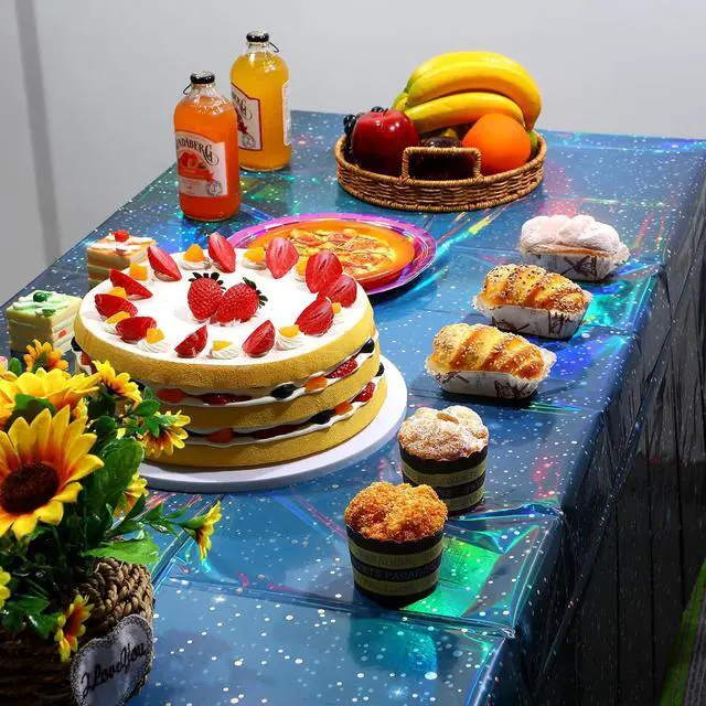 Alt view image 5 of 7 - 3Pcs Iridescent Space Tablecloths, Disposable Plastic Blue Galaxy Table Cloth Rectangle Table Covers for Space Starry Night Star Theme Party Birthday Party Decorations, 54x108 Inch