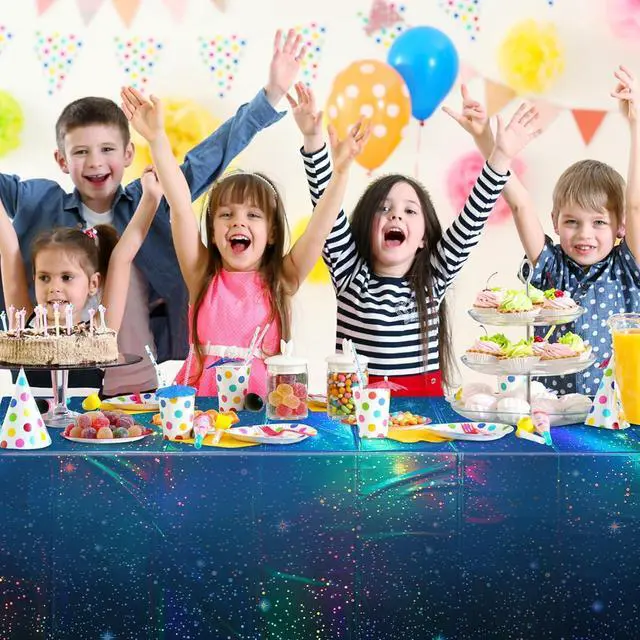 Alt view image 6 of 7 - 3Pcs Iridescent Space Tablecloths, Disposable Plastic Blue Galaxy Table Cloth Rectangle Table Covers for Space Starry Night Star Theme Party Birthday Party Decorations, 54x108 Inch